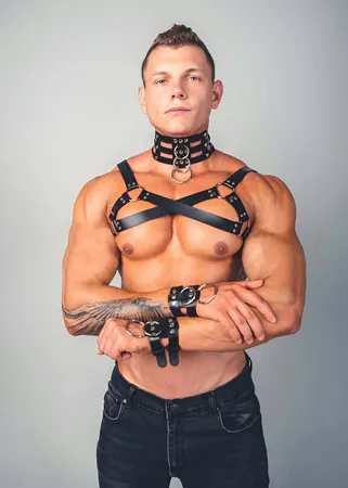 Black Faux Leather Chest Harness, Collar & Cuff Set with Silver Hardware
