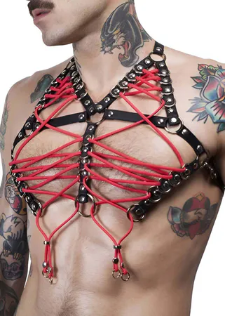 Mens Leather Chest Harness with Red Lacing | Adjustable Fit