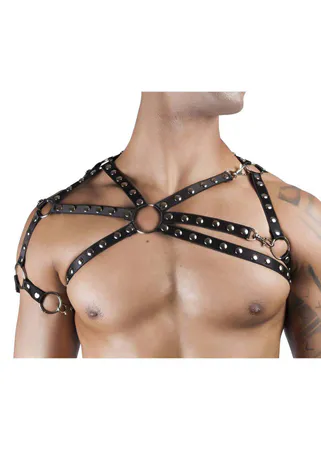 Men's Studded Leather Chest Harness with O-Rings