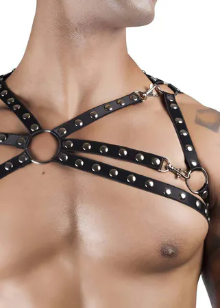 Men's Studded Leather Chest Harness with O-Rings