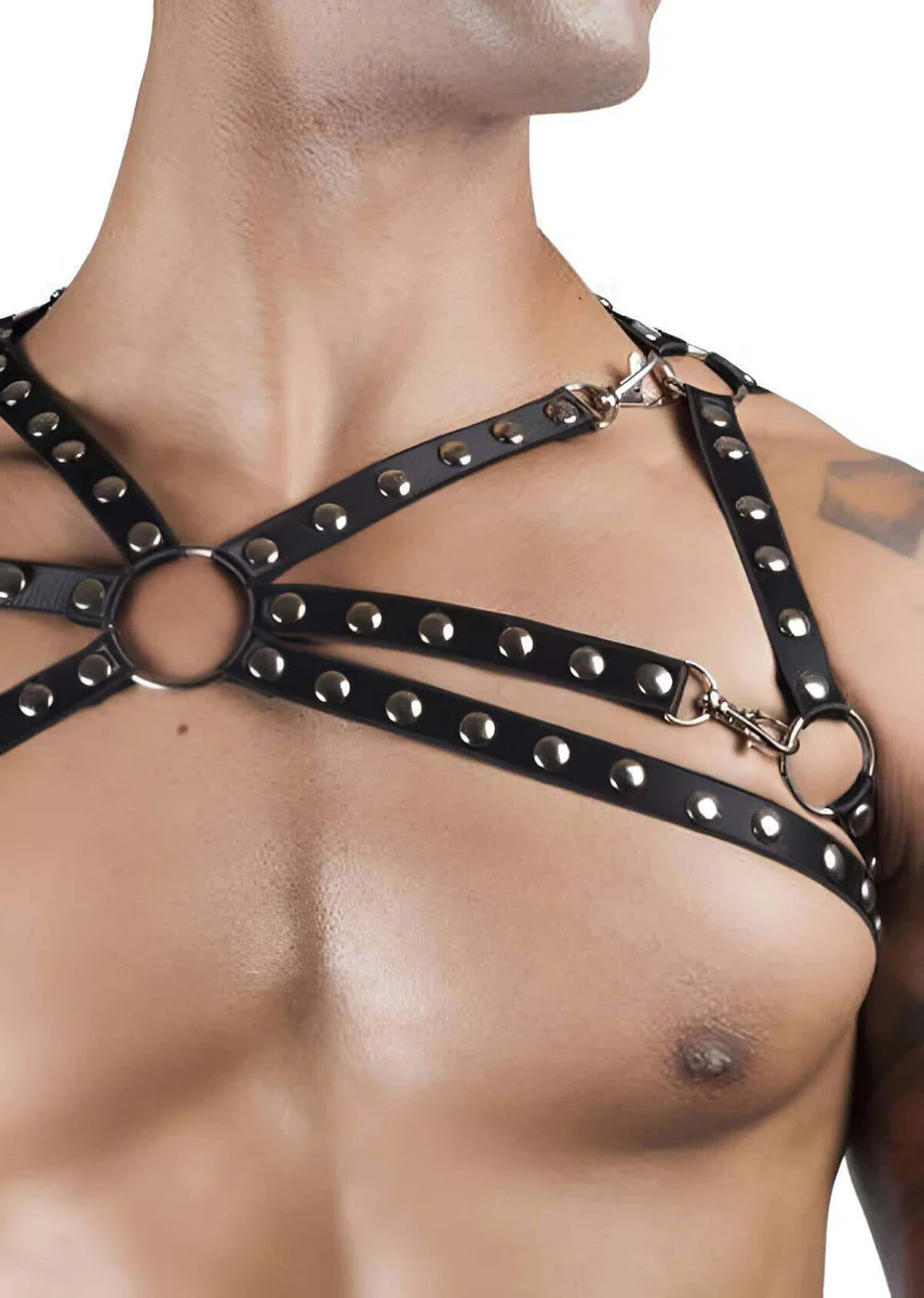 Men's Studded Leather Chest Harness with O-Rings
