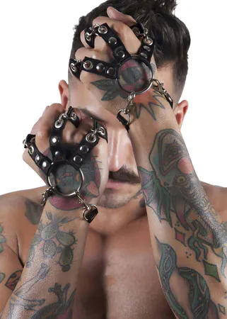Black Faux Leather Hand Harness Gloves Adjustable O-Ring Heart Charm