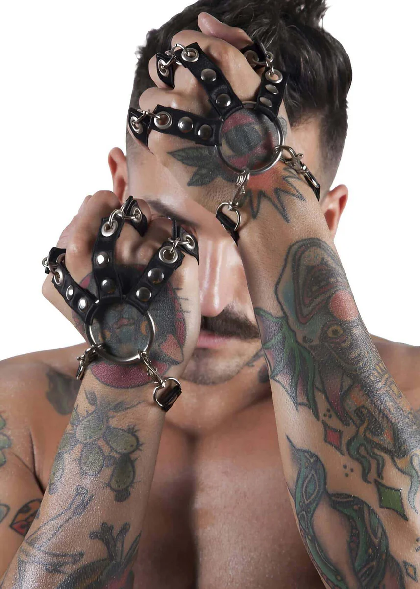 Black Faux Leather Hand Harness Gloves Adjustable O-Ring Heart Charm
