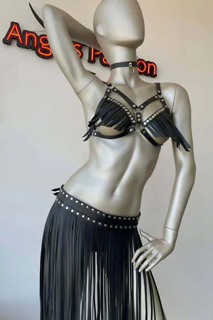 Faux Leather Harness Set with Fringe Bra and Studded Skirt