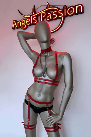Red Faux Leather Harness Set with Garter Belts and Collar