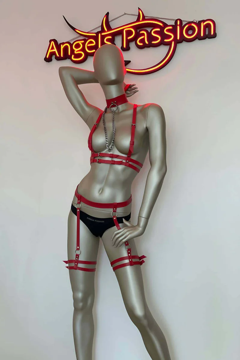 Red Faux Leather Harness Set with Garter Belts and Collar