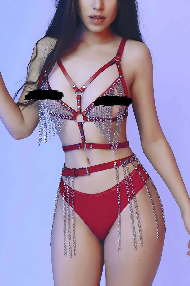 Red Faux Leather Chain Body Harness Set with Draped Silver Chains