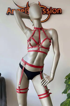 Red Faux Leather Harness Set for Women - Adjustable Body & Thigh Straps