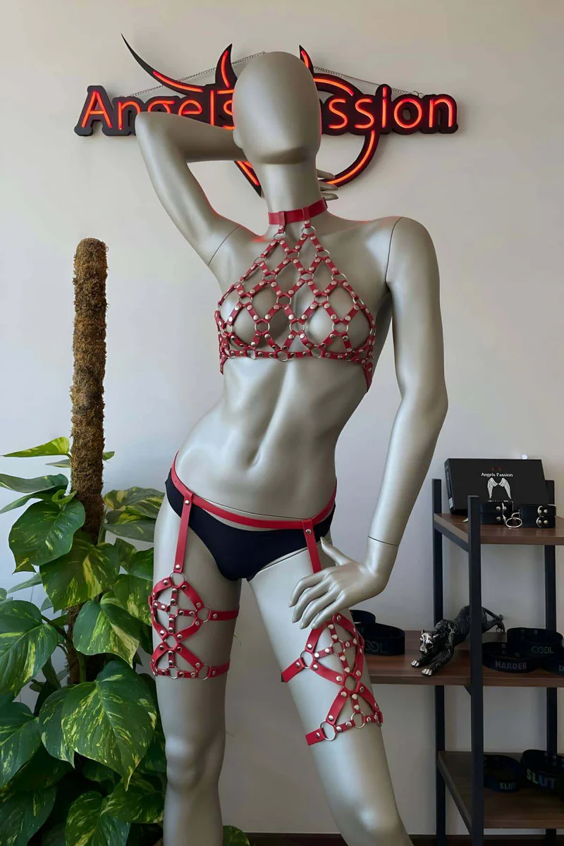 Red Faux Leather Harness Set - Full Body Garter Lingerie