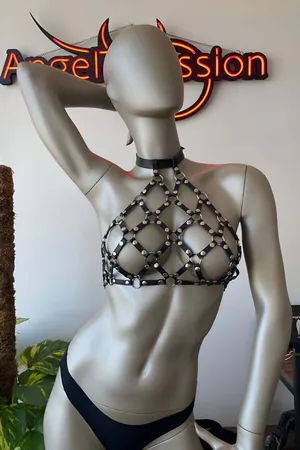 Black Leather Chest Harness Bra Top with O-Rings