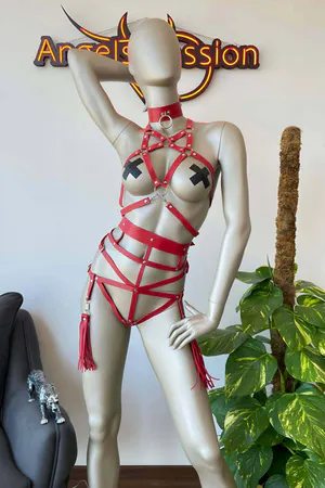 Seductive Red Faux Leather Body Harness & Collar Set