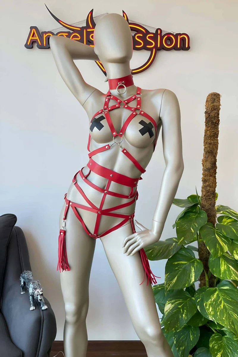 Seductive Red Faux Leather Body Harness & Collar Set