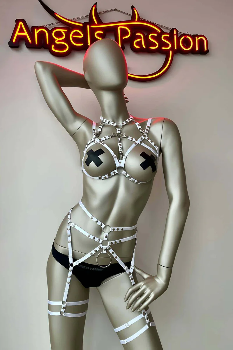 White Studded Harness Set - Adjustable Full Body Lingerie