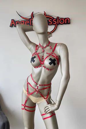 Red Body Harness Set with Garter Straps - Adjustable Lingerie
