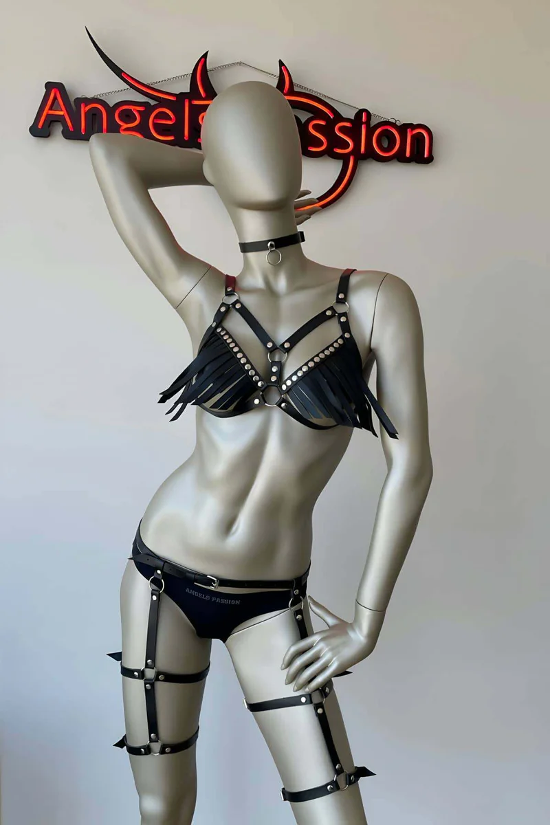 Faux Leather Harness Set with Studded Fringe & Leg Garters