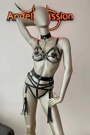 Leather Harness Set - Open Cup Bra, Choker & Tassel Garters