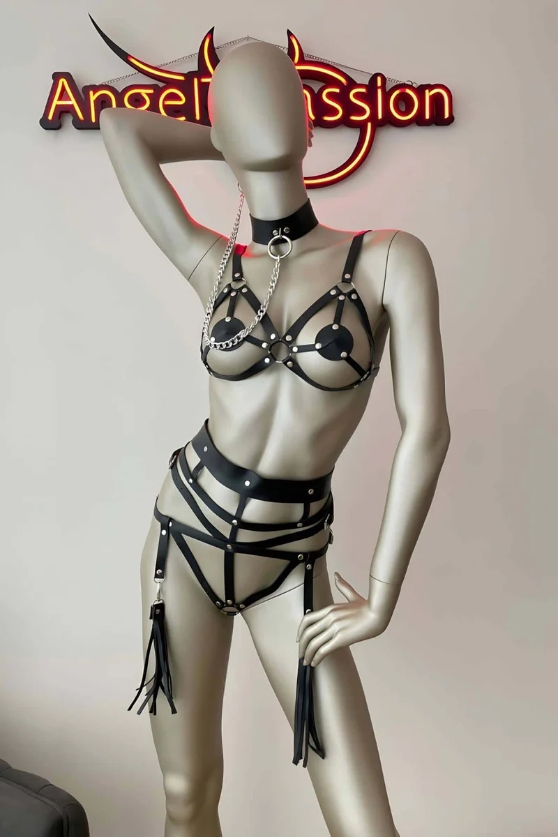 Leather Harness Set - Open Cup Bra, Choker & Tassel Garters