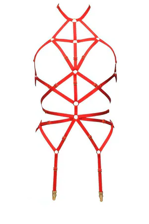 Red Body Harness Lingerie Set with Garters and Cuffs