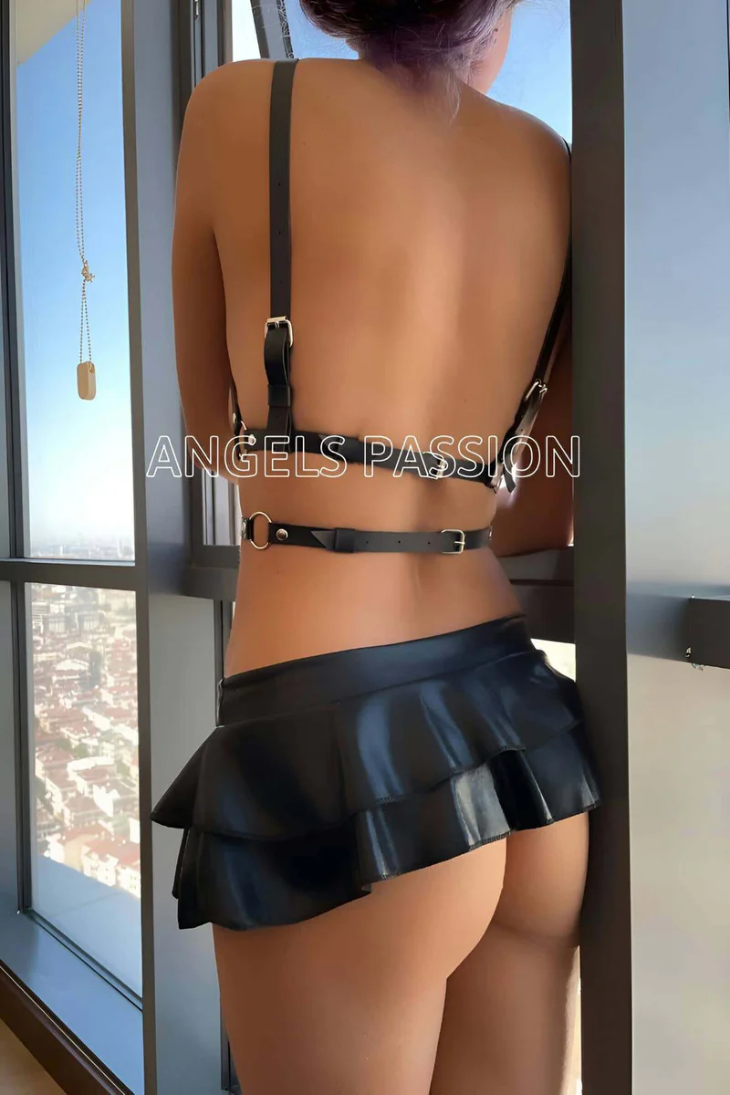 Edgy Black Faux Leather Waist Harness with Double Row & Triangle Details