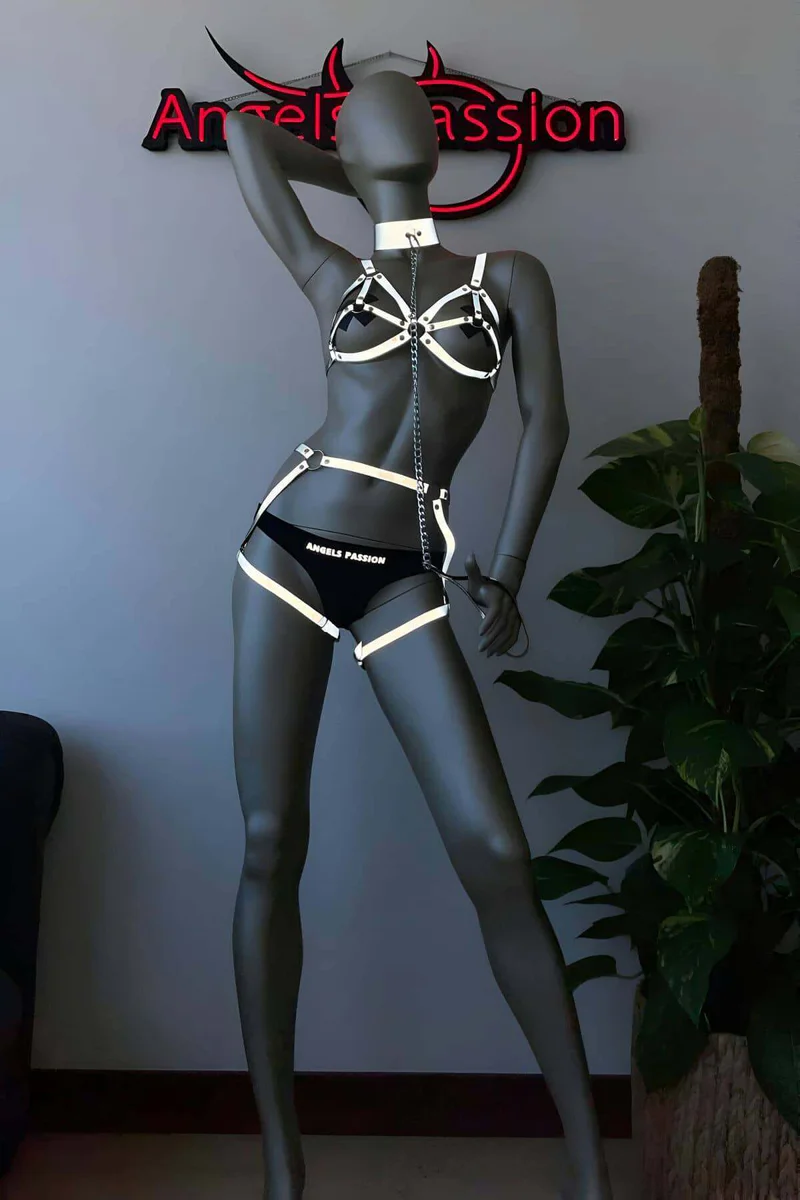 White Reflective Harness Set with Collar, Bra & Garters