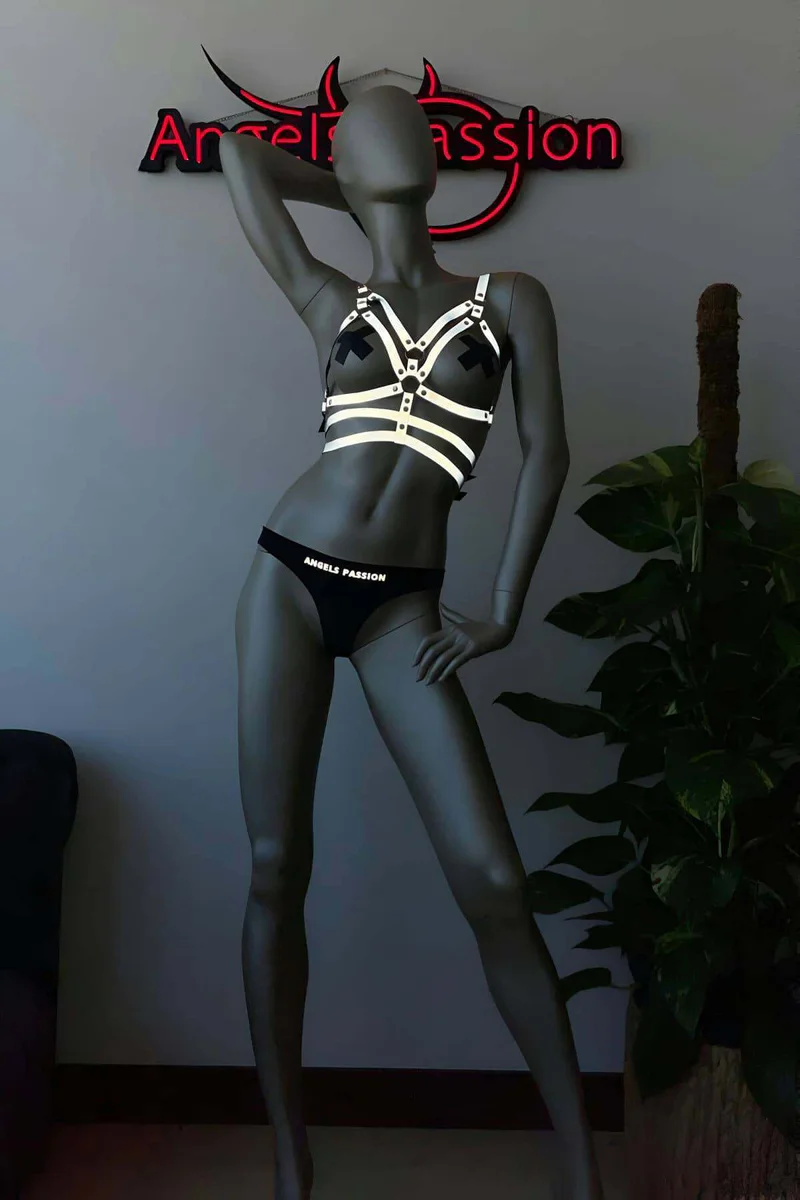 Sexy Reflective Harness Top and Choker Set - White Erotic Lingerie