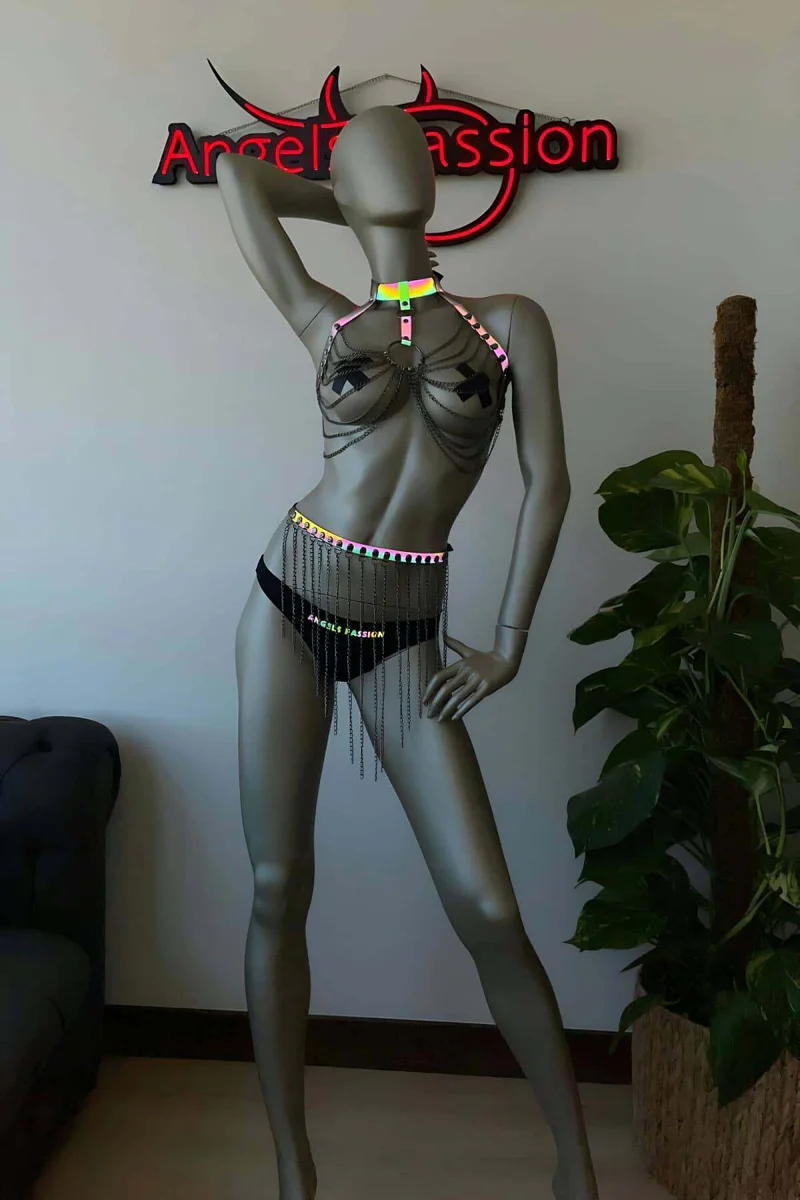 Reflective Harness Bra & Thong Set - Rainbow Rave Outfit