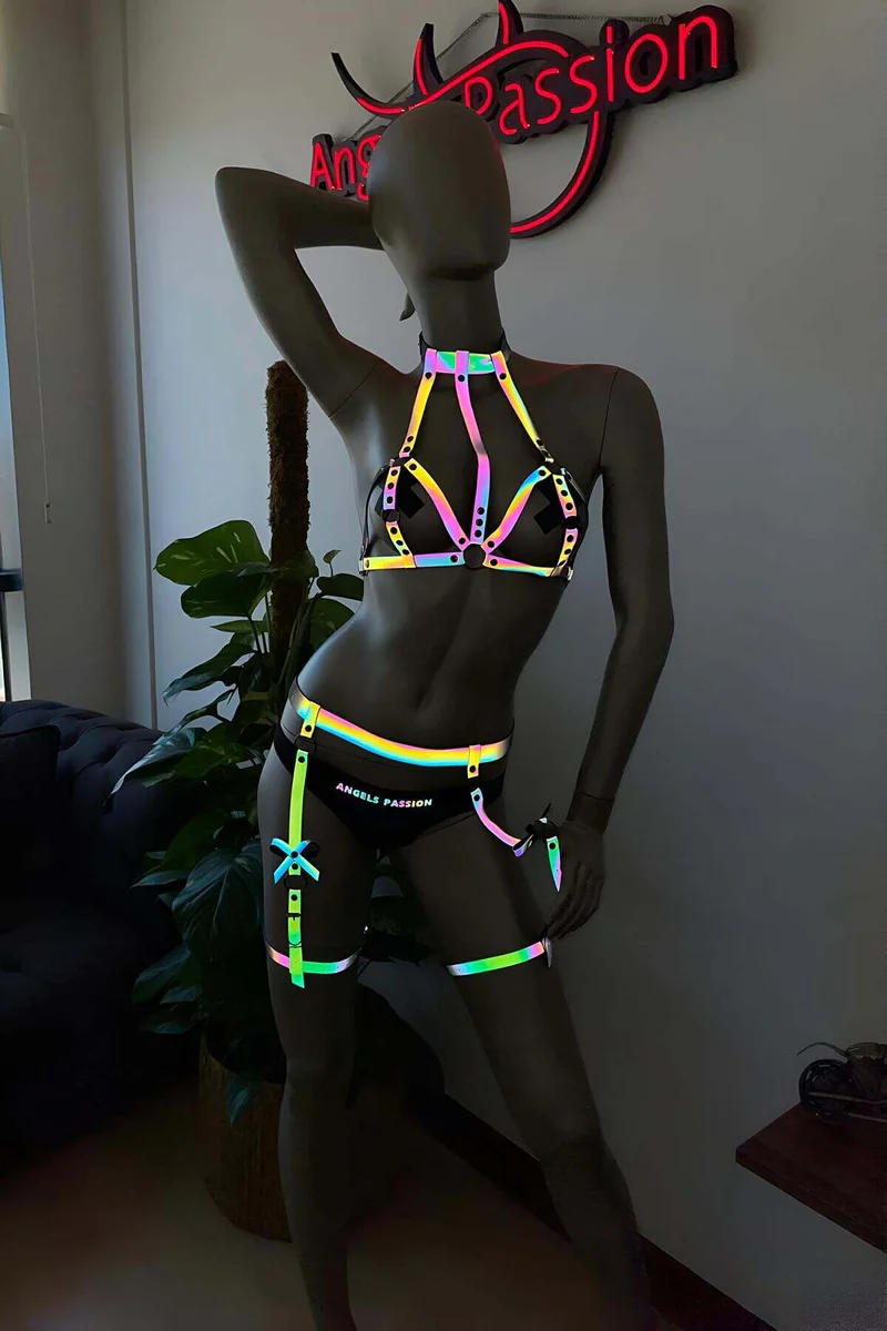 Rainbow Reflective Harness Bra & Garter Set