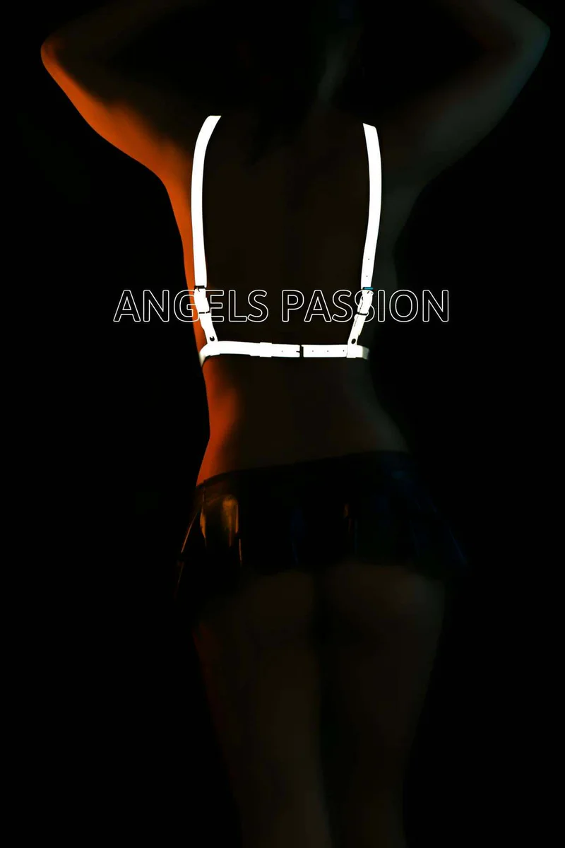 Model wearing reflective Y-front harness with black skirt