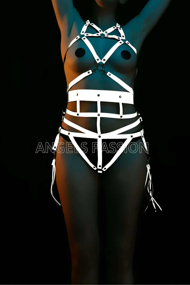 Reflective body harness white festival set with tassel garters side profile