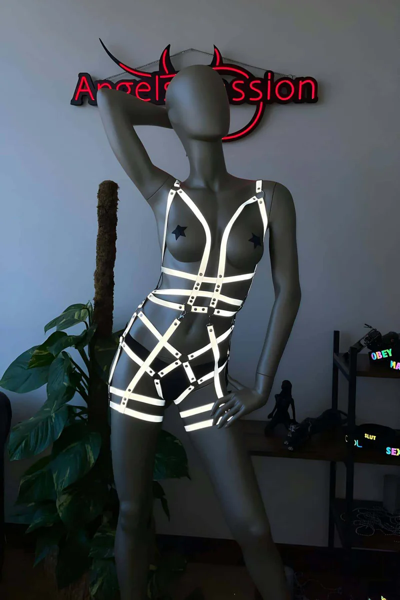 Reflective Full Body Harness Lingerie Set - Glowing Clubwear