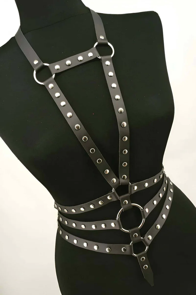Women's Adjustable Faux Leather Studded Body Harness Top