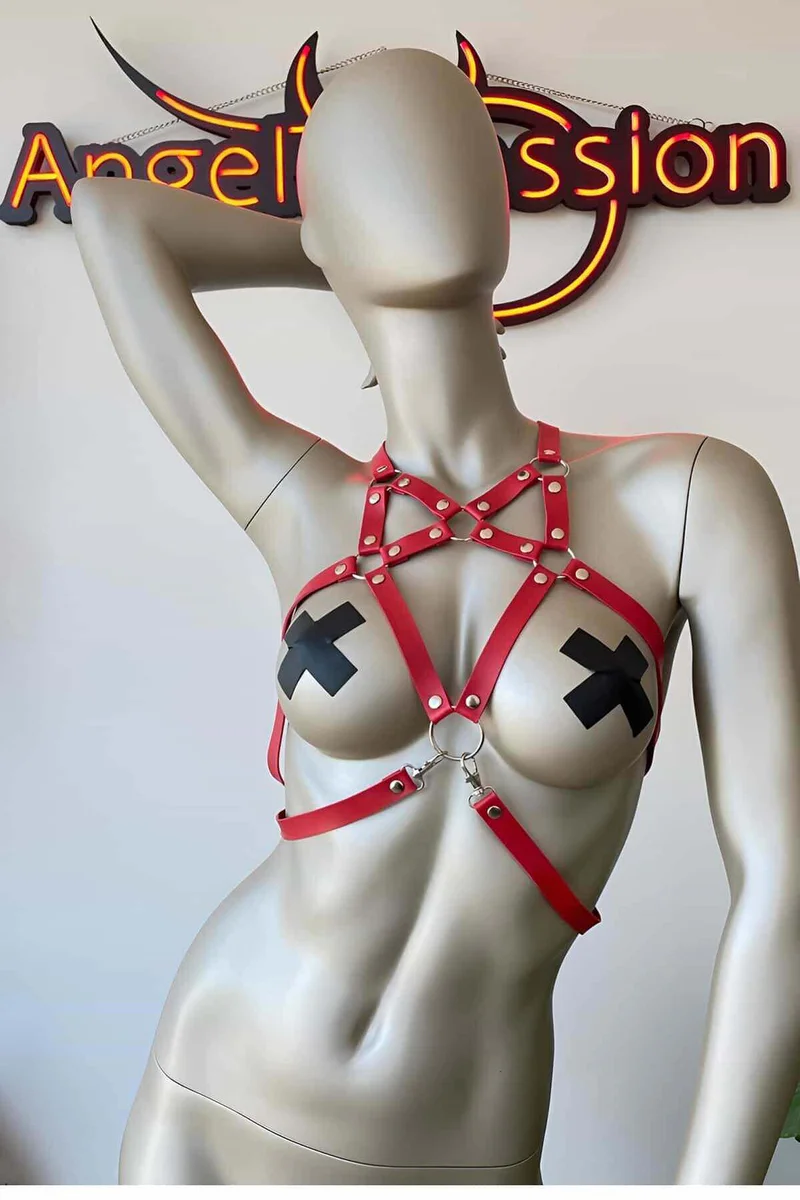 Adjustable Straps on Crimson Faux Leather Harness Back View