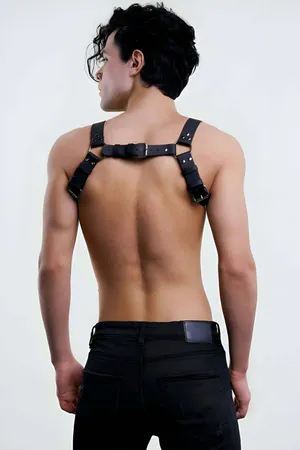 Black Faux Leather Chest Harness with O-Ring Adjustable Straps