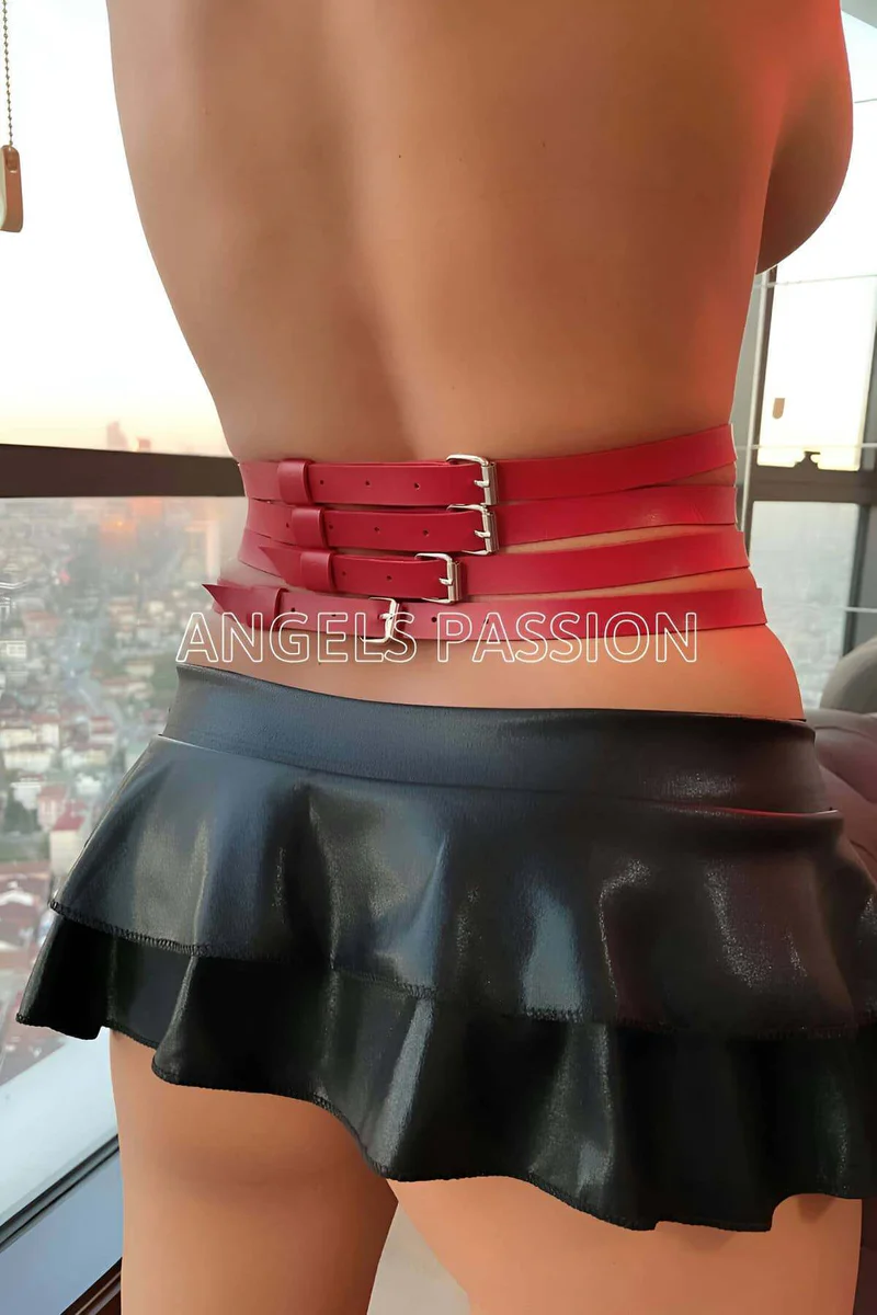 Red Faux Leather Waist Harness Front View Gold-Tone Hardware