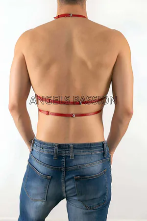 Red Faux Leather Chest Harness O-Ring Studs Front View