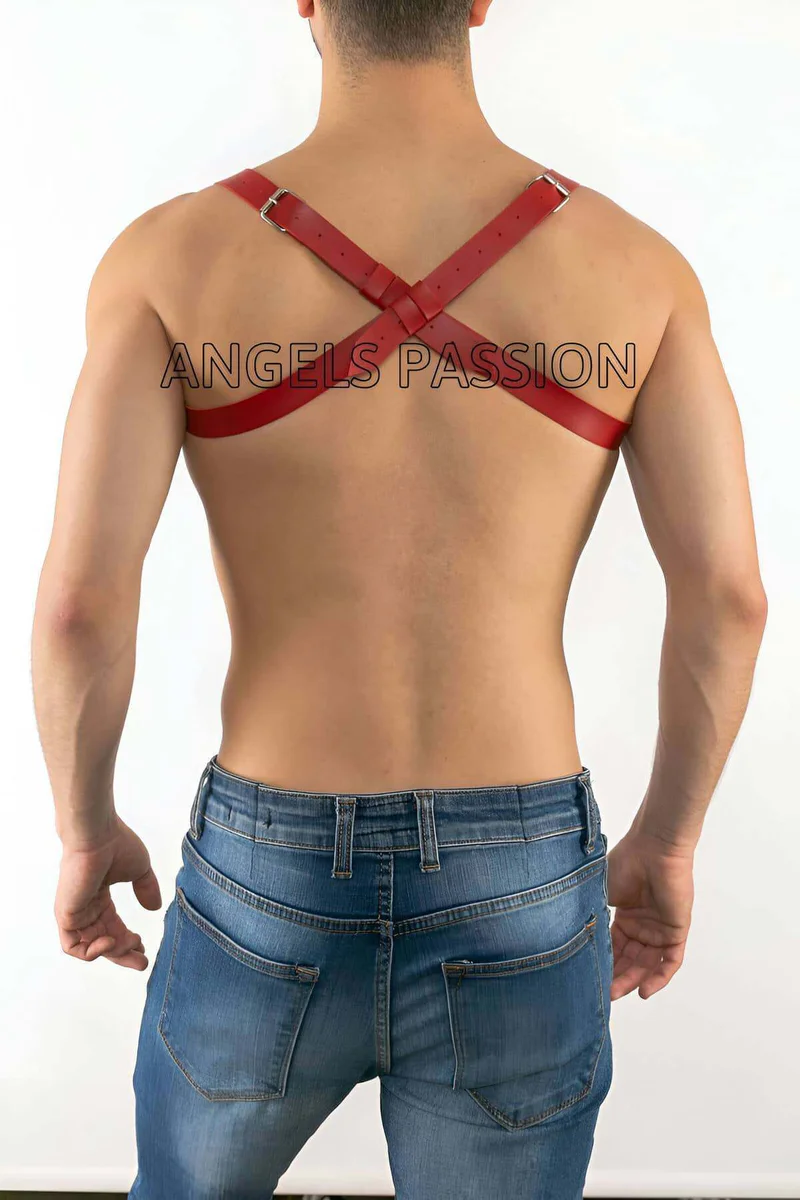Red faux leather chest harness with buckle detail on back.