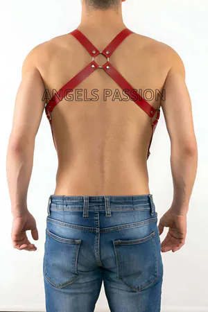 Red Faux Leather Chest Harness with Diagonal Torso Straps and O-rings
