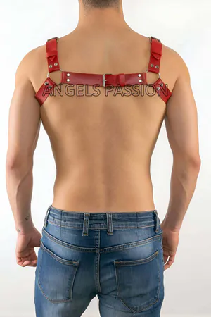 Red Faux Leather Chest Harness Adjustable Straps Silver O-Rings
