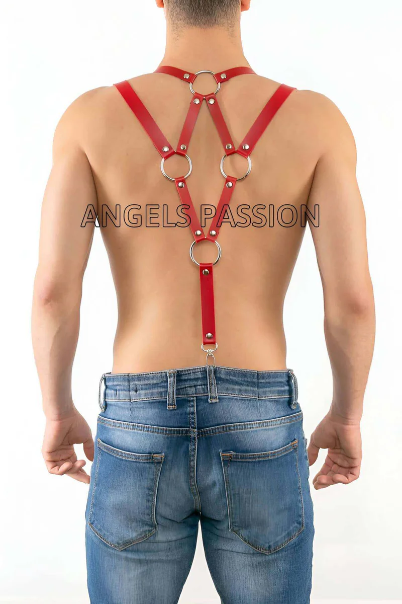 Red vegan leather body harness with O