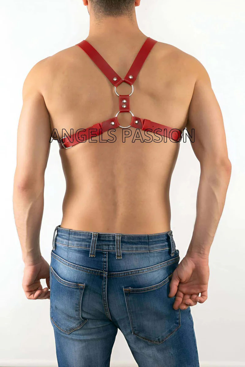 Adjustable straps red faux leather chest harness detail