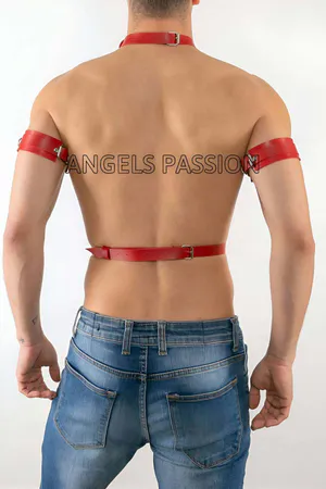 Red Faux Leather Chest Harness with Armbands O-Ring for Men