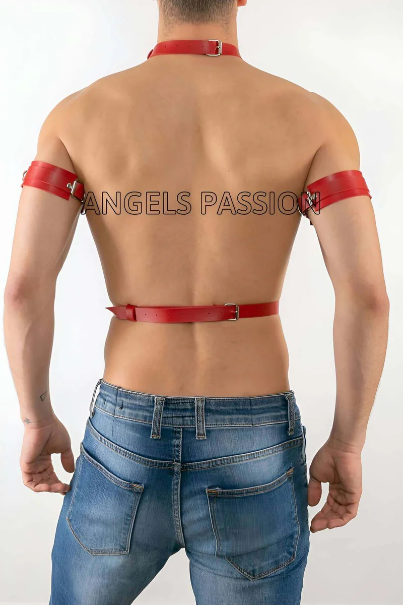Red faux leather harness set back view with