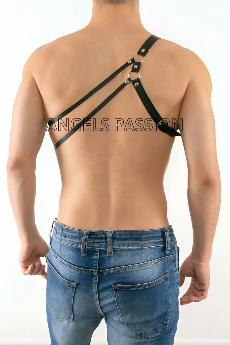 Asymmetrical Body Harness Black Leather with Silver