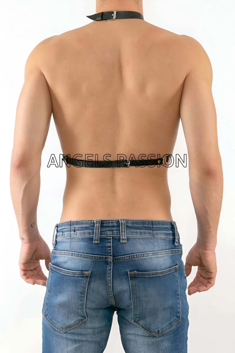 Black leather body harness with O-ring and layered chain detail