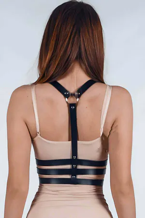 Black Faux Leather Underbust Chest Harness Women O-Ring Detail