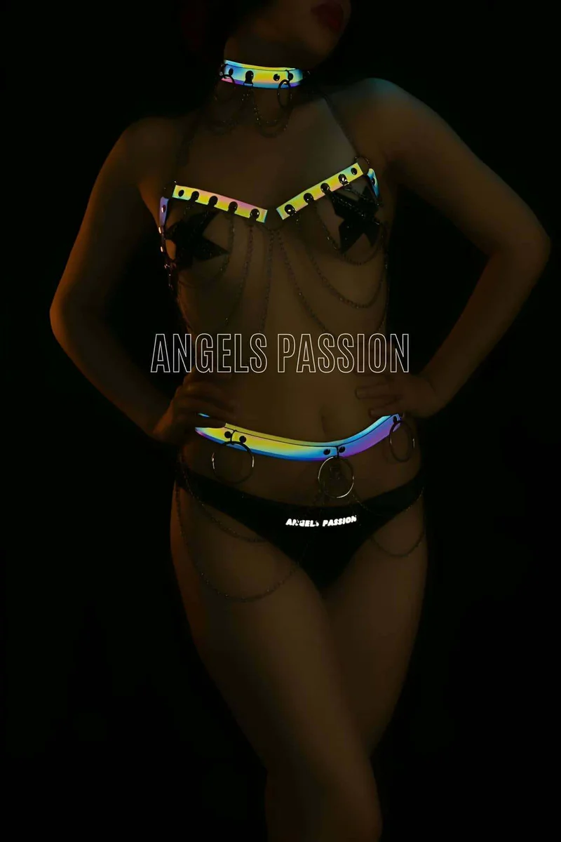 Reflective Harness Set with Choker & Body Chains - Rave & Clubwear