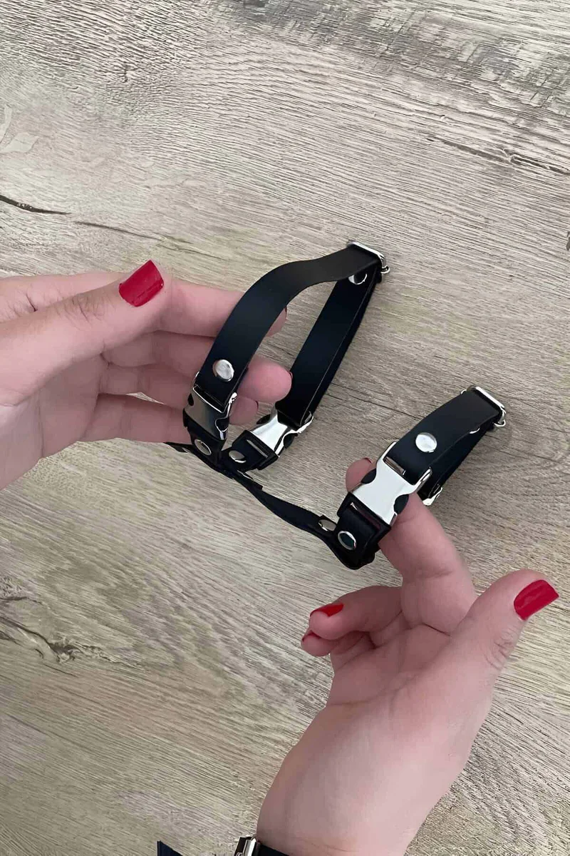 Black adjustable chest harness close-up of quick-release buckle hardware
