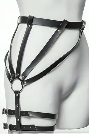 Black Faux Leather Leg Harness with Silver O-Ring and Adjustable Thigh Straps for Women