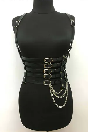 Black Faux Leather Corset Harness with Five Buckled Waist Straps and Draped Silver Chains