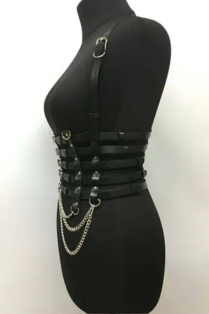 Black Faux Leather Corset Harness with Five Buckled Waist Straps and Draped Silver Chains
